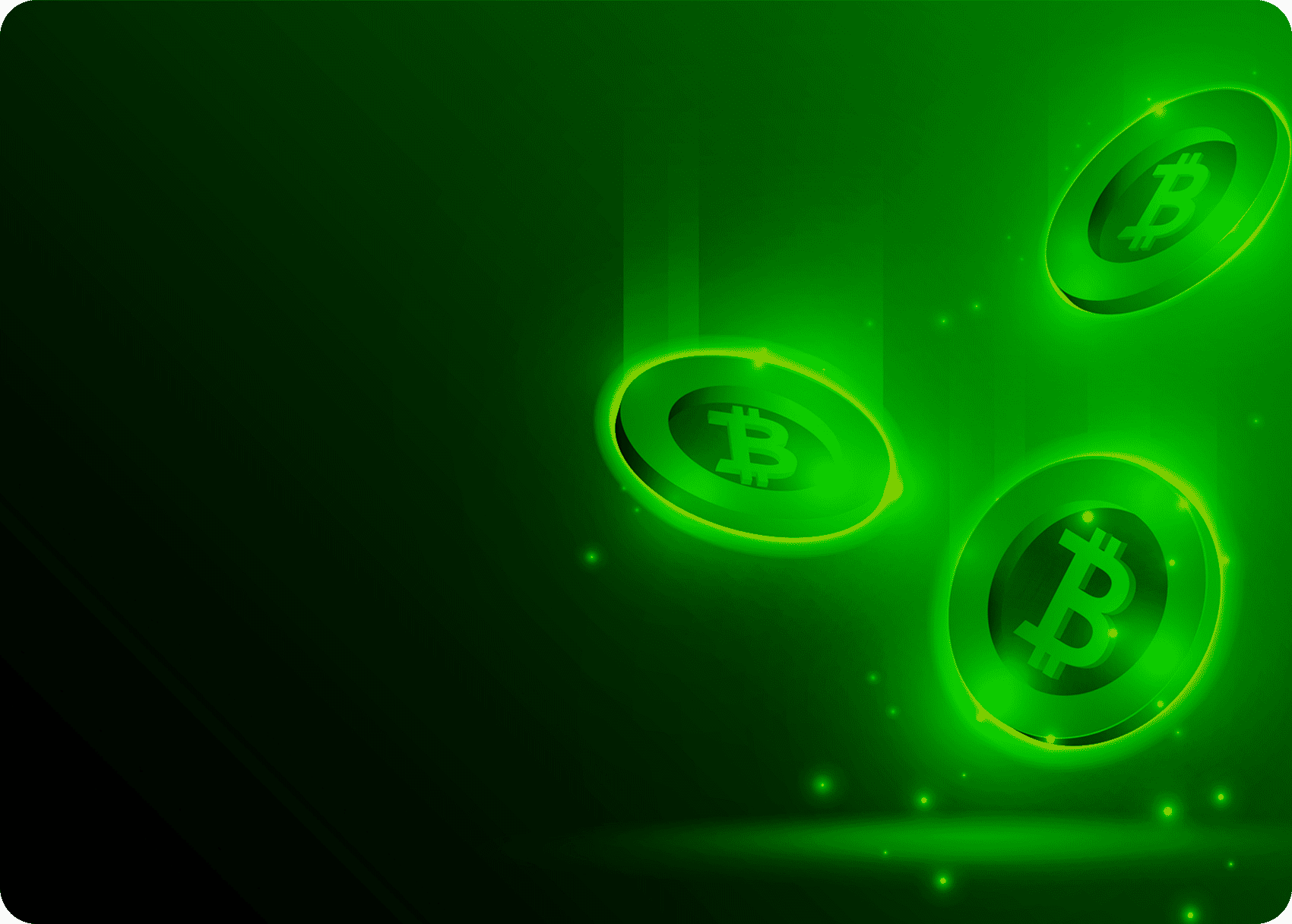 Green glowing Bitcoin symbols on dark background.