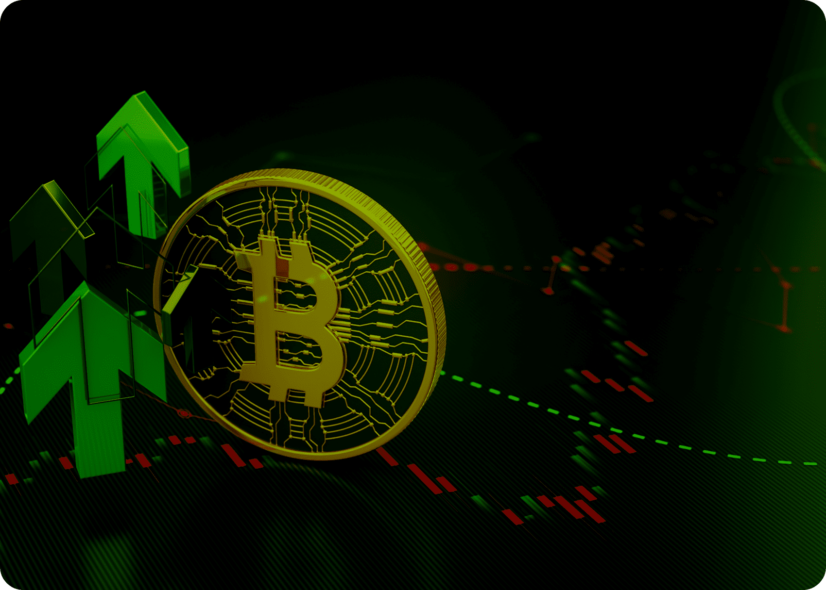 Bitcoin symbol with green upward arrows.
