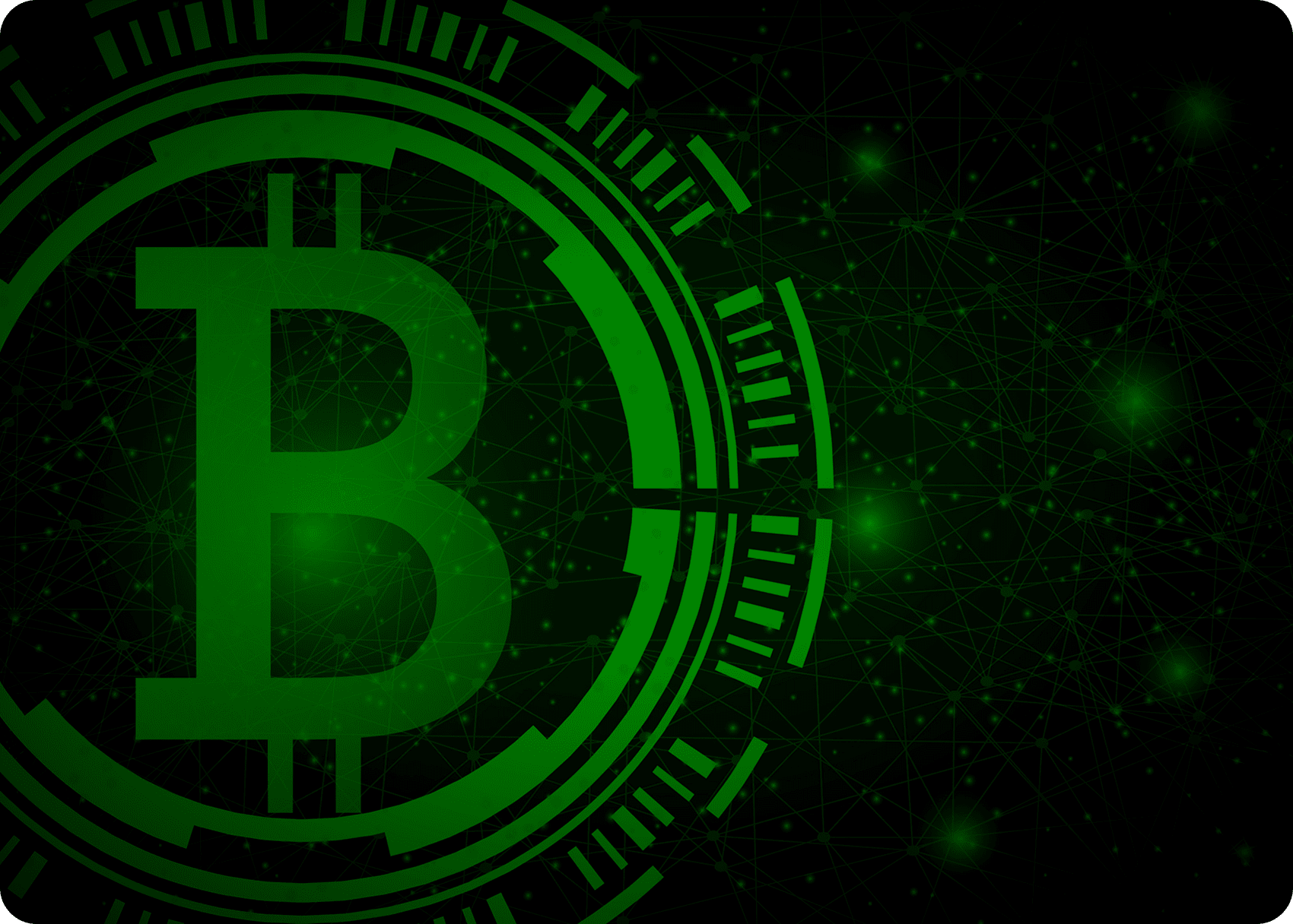 Green digital Bitcoin symbol on dark background.