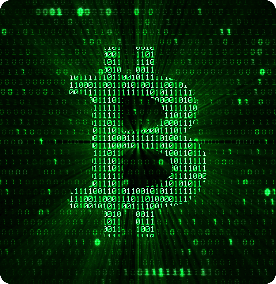 Binary Bitcoin symbol on green background.